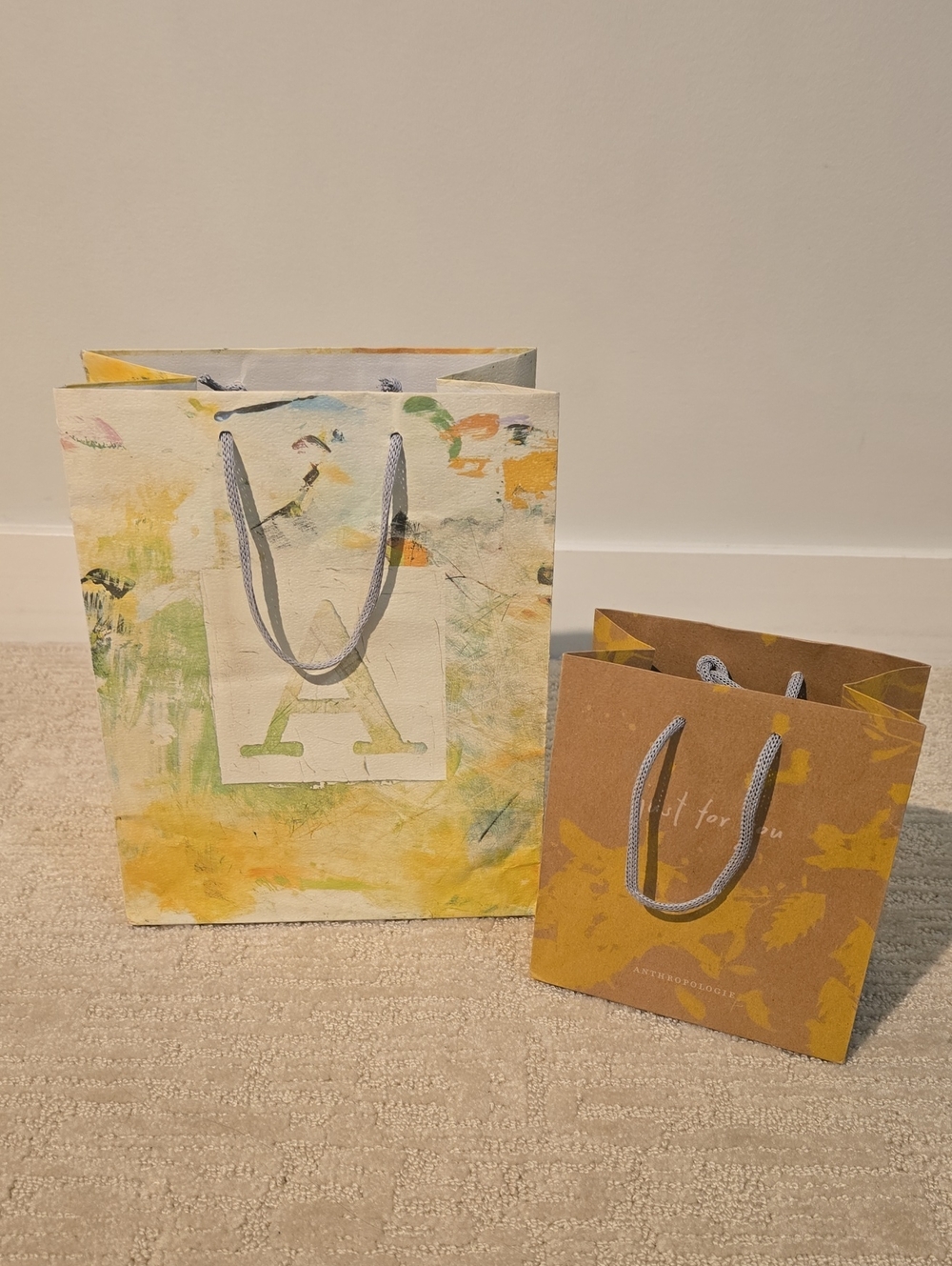 2 Size Anthropologie Yellow 'A' Decorative Gift Bag